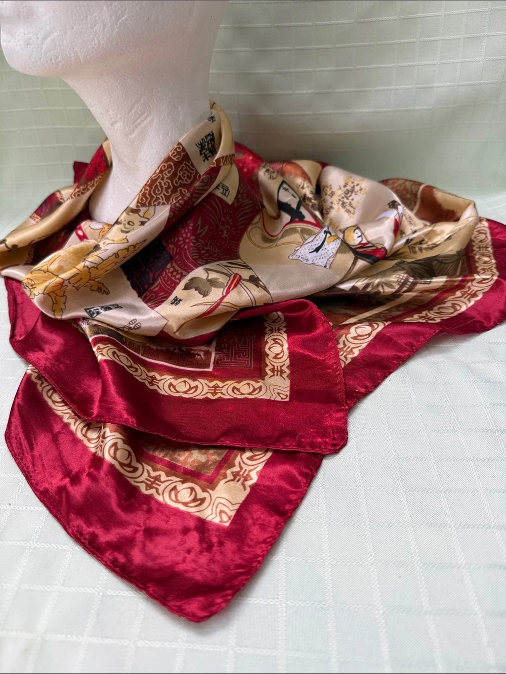 Vintage Silk Burgundy & Beige Printed Large Scarf